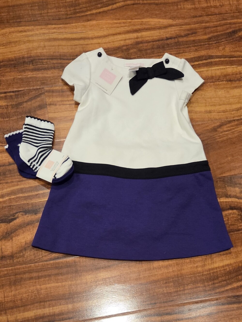 Janie and Jack NWT 18-24 Months Ivory and Purple Colorblock Ponte Dress & Socks